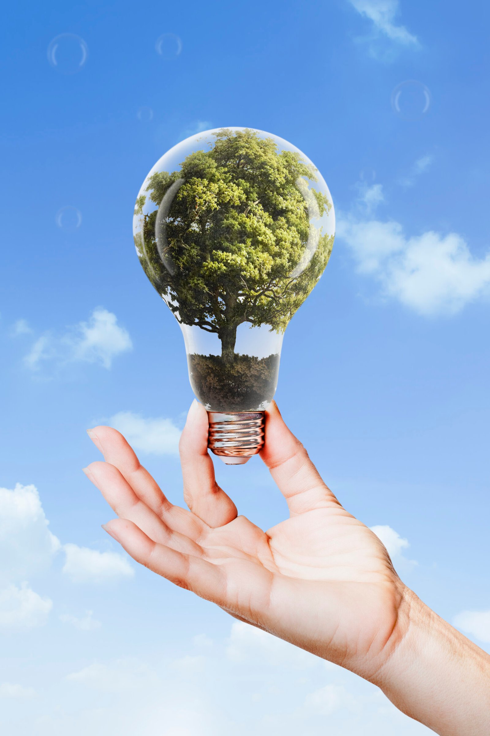Sustainable energy campaign hand holding tree light bulb media remix